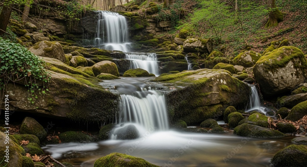 Fototapeta premium Enchanting Waterfall Cascading Through Mossy Rocks in a Lush Forest Landscape