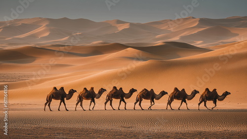 A line of camel walking on the desert during afternoon.