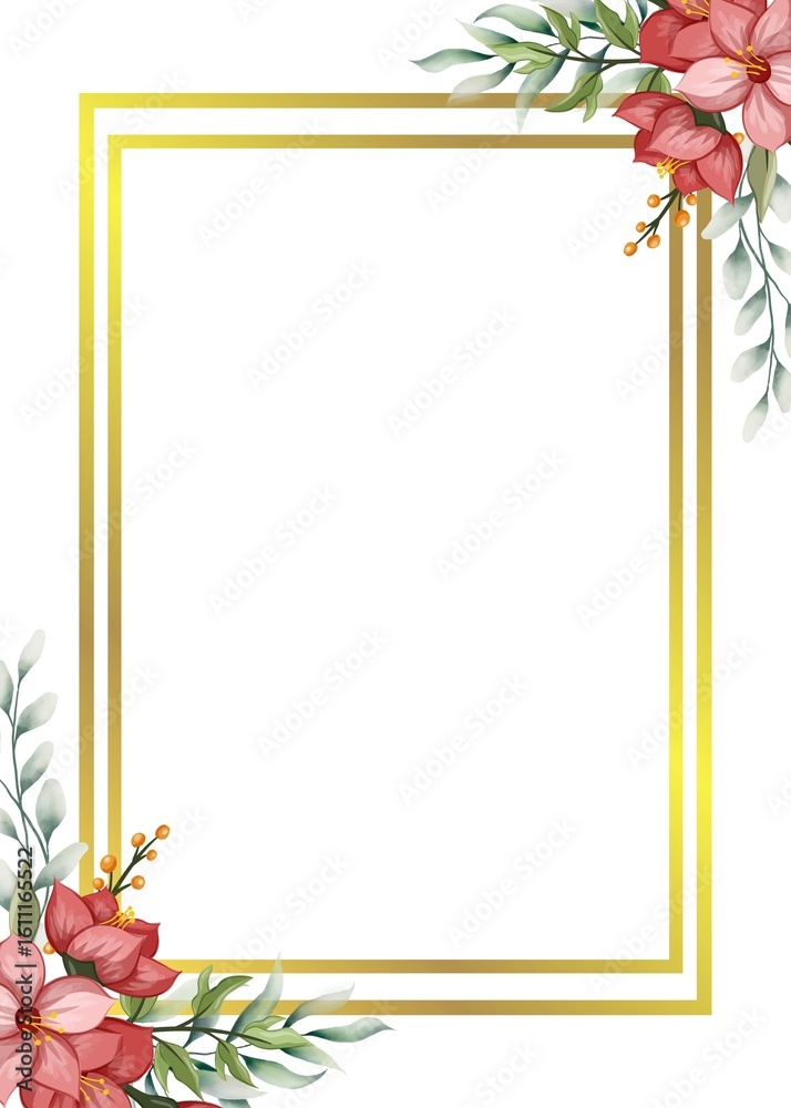 Obraz premium Elegant Watercolor Floral Frame with Golden Square Border