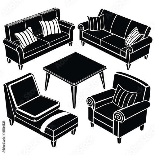 Vector Collection of Isolated Furniture Including Sofas and Beds