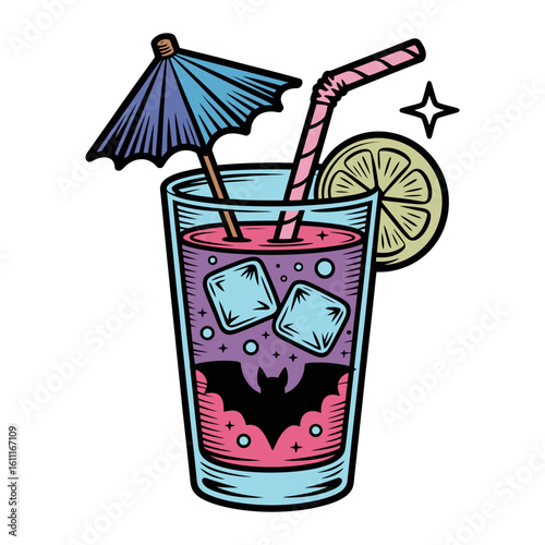 Halloween Cocktail with Bat and Umbrella Illustration