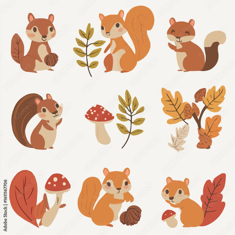 Obraz premium Group of autumn squirrels with acorns, leaves and mushrooms in a playful clipart set, perfect for seasonal printables, classroom visuals and kids paper crafts