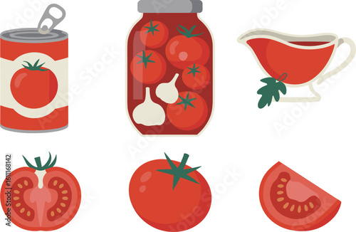 Fresh tomato set, canned tomatoes, tomato sauce, sliced and whole tomatoes, preserved vegetables, healthy food ingredient, flat vector illustration