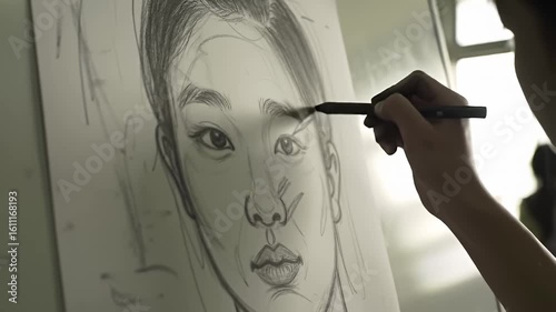 Close-up of artist drawing a portrait of a woman with pencil on paper, detail work
