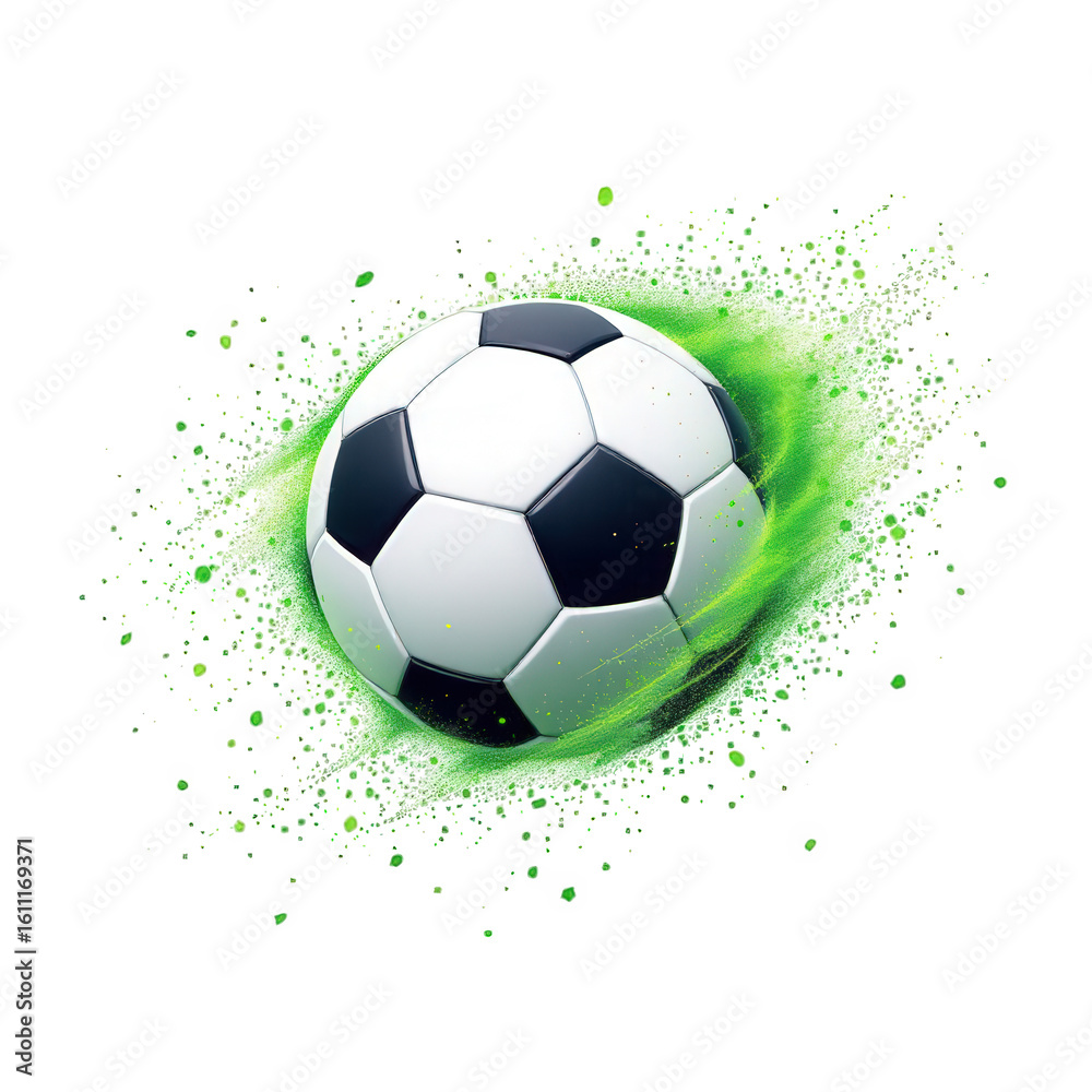 Naklejka premium A soccer ball surrounded by green energy particles on a black background in a digital illustration