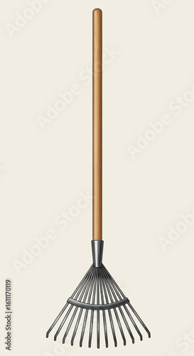 A metal garden rake with a long wooden handle, isolated on a light background.
