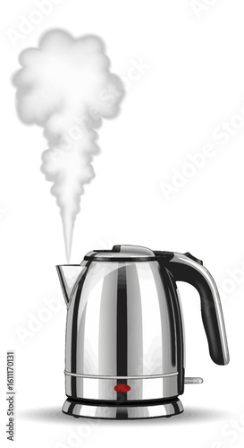 A shiny, metallic electric kettle emitting a cloud of hot steam, ready for use.