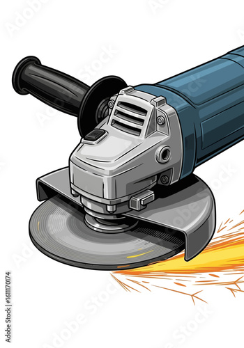 Close-up illustration of a powerful angle grinder, sparks flying from the rotating cutting disc.