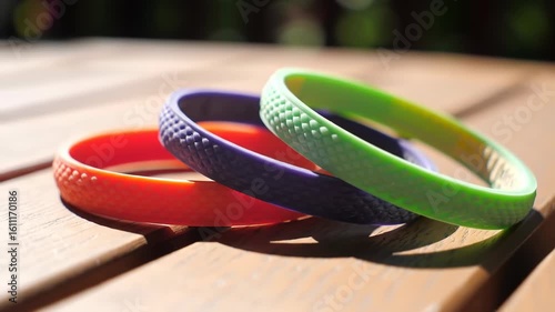 Three colorful textured bracelets on a wooden surface