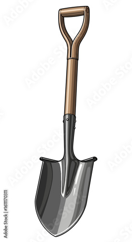 A detailed illustration of a metal shovel with a wooden handle.