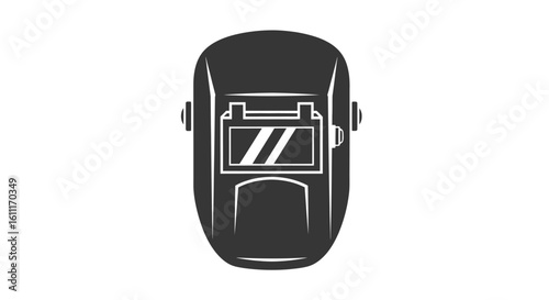 A black and white illustration of a welding helmet, showing the protective shield.