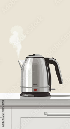 A silver electric kettle on a white countertop emits steam, indicating it is heating water.