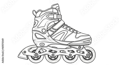 Detailed line art illustration of a rollerblade, showcasing its structure, wheels, boot, and fastening system, isolated on a white background.