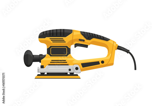 Yellow and black orbital sander with a power cord, isolated on a white background, used for woodworking and surface finishing.