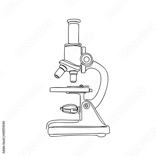 Vector line art of a microscope with detailed components, black outline illustration for science and laboratory themes