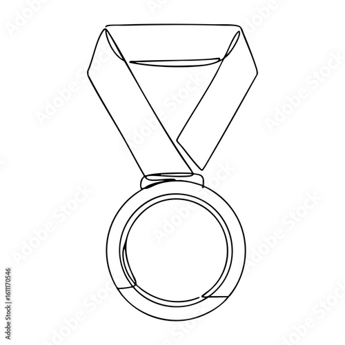 Vector line art of a medal with a ribbon, simple hand-drawn style, symbolizing achievement, success, and awards.