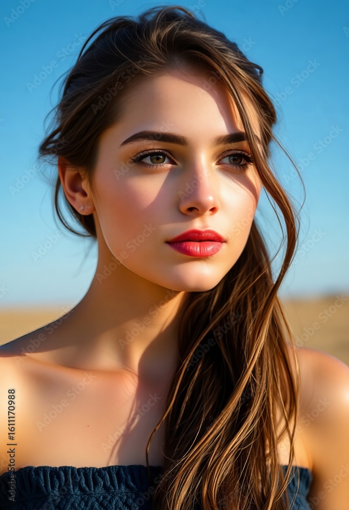Portrait of a beautiful woman with red lipstick and brown hair looking away on a sunny day outdoors Portrait of a beautiful woman with red lipstick and brown hair looking away on a sunny day outdoors
