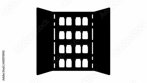 Illustration of a pantry with four shelves filled with canned goods in a minimalist black and white style silhouette