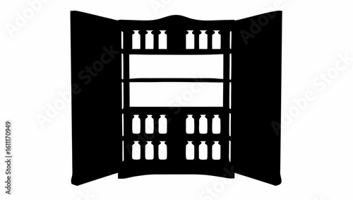 Silhouette of open cabinet with multiple shelves and bottles displayed on each shelf in black and white