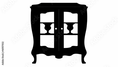 Silhouette of a vintage cabinet with glass doors and two visible vases inside in a dark solid color