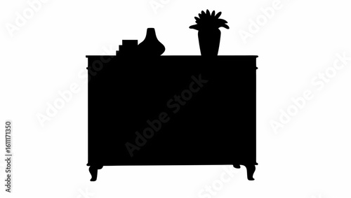 Silhouette of a dresser with decorative items including a vase and flowers on top in a solid black color