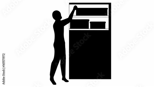 Silhouette of person reaching into a cabinet with shelves and boxes, rendered in black and white minimalist style