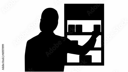Silhouette of person reaching into a cabinet with shelves and various containers inside in a simple design