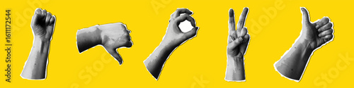 black and white collage of human hands with vintage pop art effect. retro sticker style on yellow background. concept of poster design and bold visual communication