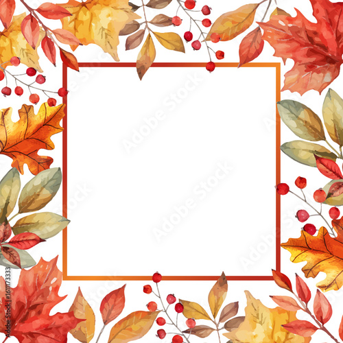 Autumn frame with hand drawn beautiful watercolor leaves and berries. Elegant background vector illustration