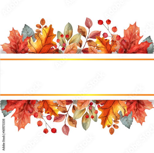 Autumn Watercolor Frame with Leaves and Berries