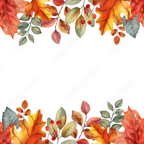 Autumn floral border with hand drawn watercolor leaves and berries. Decoration for Fall, Thanksgiving and Harvest Day design. Vector illustration