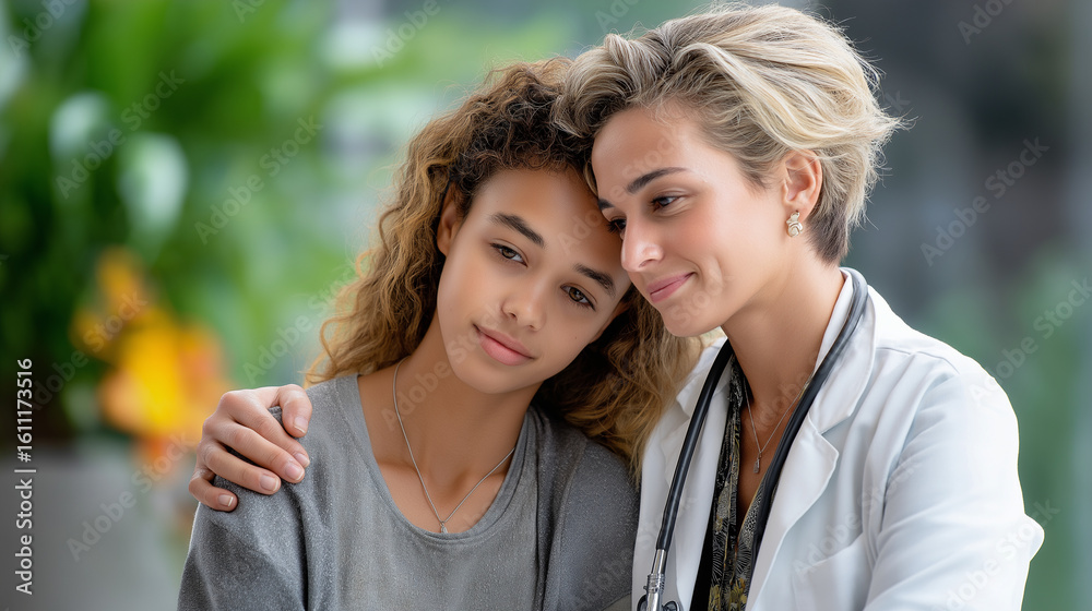 Fototapeta premium Doctor comforting a frightened teen patient in a supportive setting
