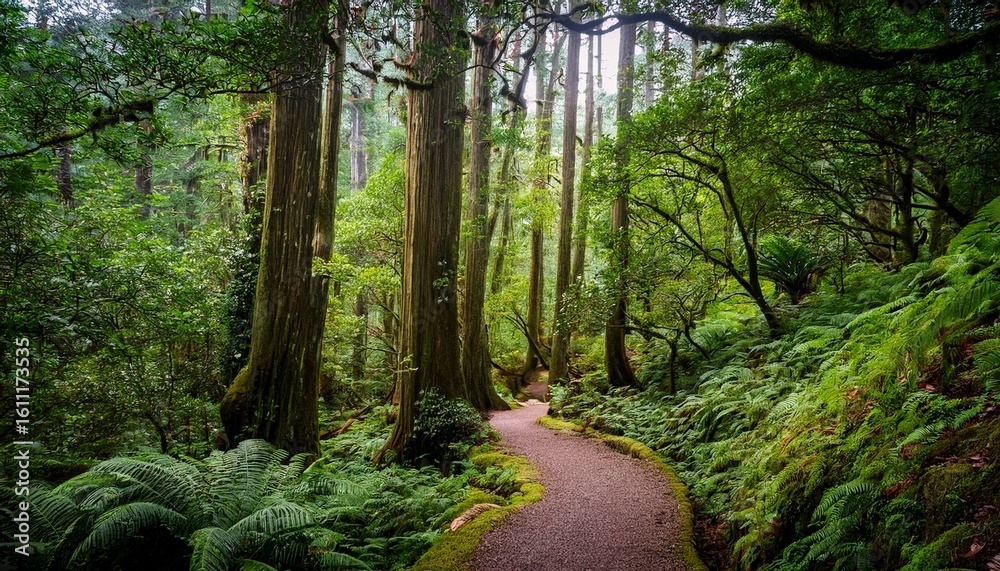 Obraz premium a serene pathway winds through a lush green forest surrounded by tall trees and vibrant foliage inviting exploration and tranquility