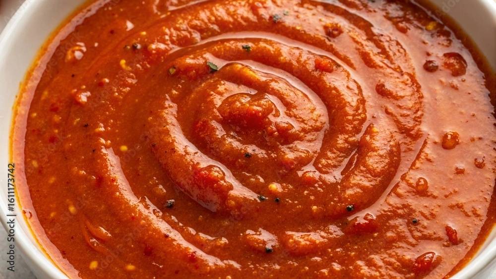 Fototapeta premium Flat Lay of Chili Sauce with Swirling Surface Texture and Chili Seeds for Culinary Projects