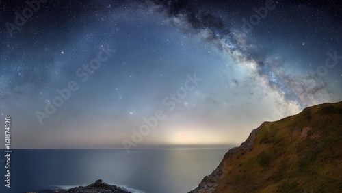 Sun sets over a serene seascape with clouds dotting the horizon, casting a warm light over the calm ocean waves