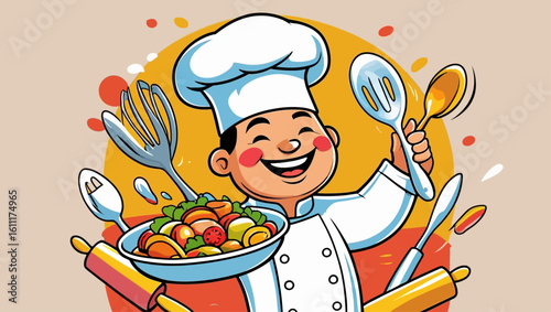 Cartoon illustration of a talented Black female chef showcasing her culinary creation with pride. A concept of passion for cooking.