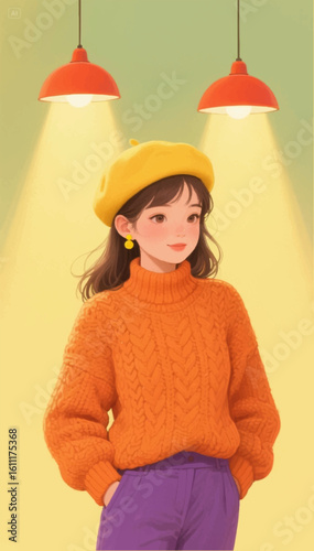 A cartoon girl in a yellow hat, an orange knitted sweater and purple pants, with two chandeliers shining above her head. Vector graphics. EPS.	