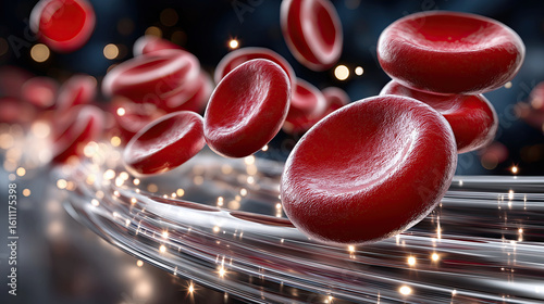 Red blood cells float gracefully through shimmering stream, showcasing their vibrant red color and smooth texture, evoking sense of life