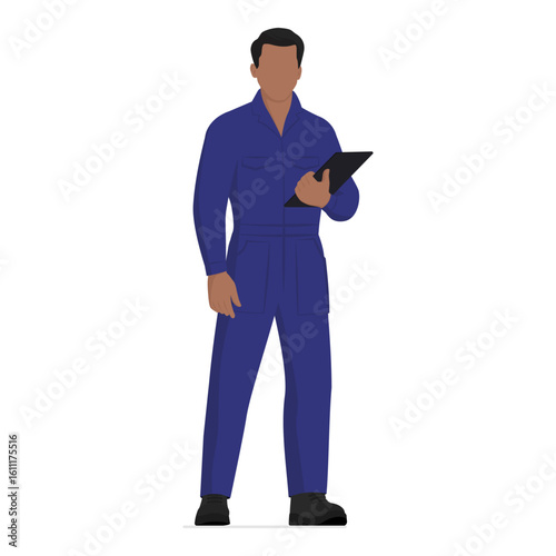 Professional mechanic standing and holding a tablet