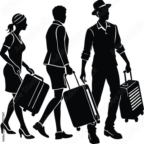 Silhouettes of People Carrying Suitcases for Travel or Migration Journey