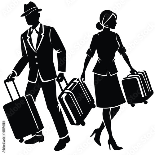 Silhouettes of Passengers with Luggage at the Airport or Train Station