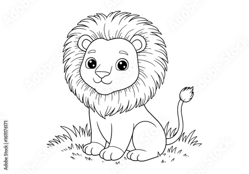 Adorable cartoon lion king sitting peacefully in grassy savanna ready for coloring fun