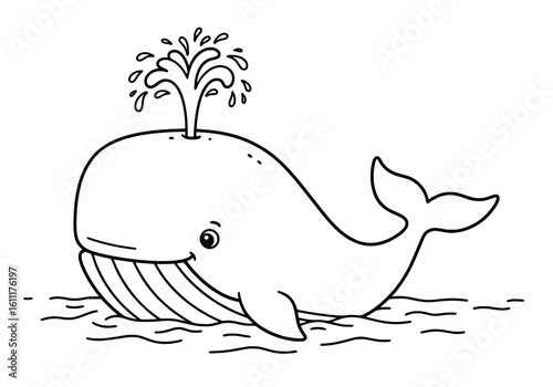 Joyful cartoon whale spouting water in gentle ocean waves, perfect for kids
