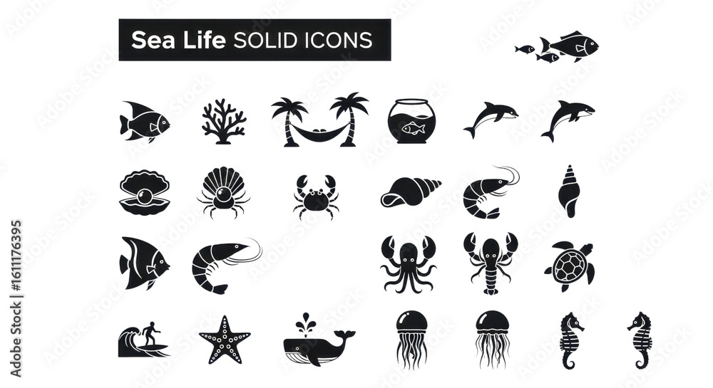 Naklejka premium Sea Life Solid Icons collection of marine animals isolated PNG with Transparent Background