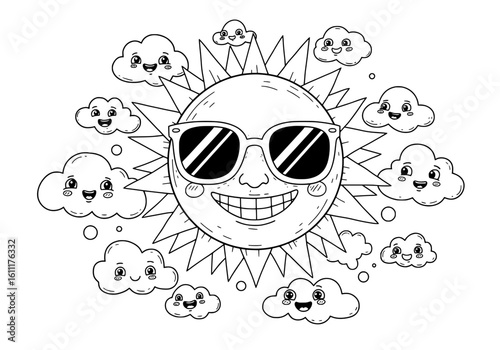 Cheerful sun character wearing sunglasses surrounded by happy clouds, perfect for kids' themes