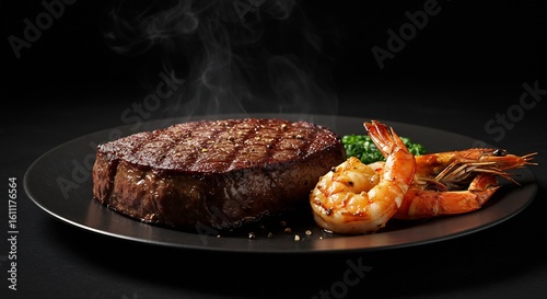 Gourmet Surf and Turf Dinner with Steaming Grilled Steak and Shrimp