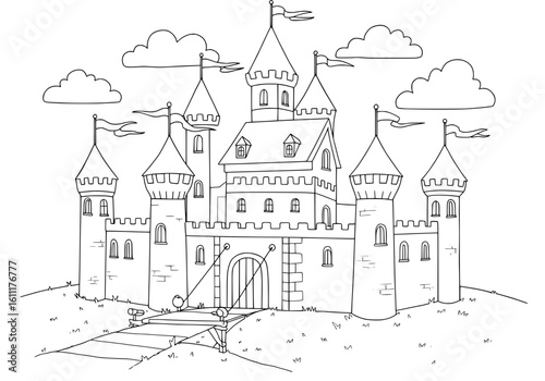 Majestic fairytale castle with flags and clouds, perfect for creative projects.