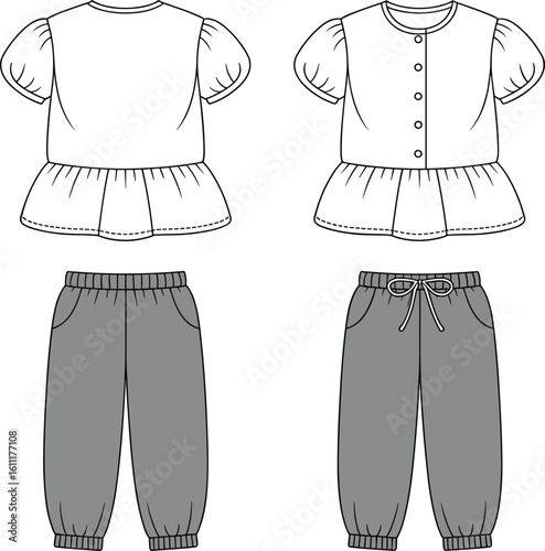 Girls puff sleeve button top and jogger pants vector set, stylish kidswear template with front detail, CAD drawing flat vector illustration