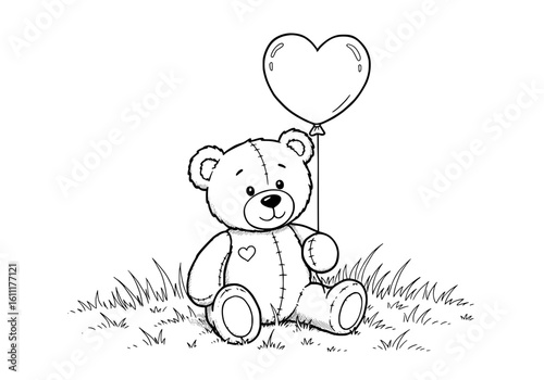 Adorable teddy bear holding a heart balloon sits in grassy field, symbolizing love and joy for any occasion