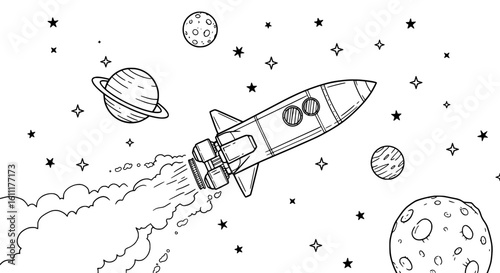 Doodle rocket ship blasting through space past planets and stars, adventurous journey